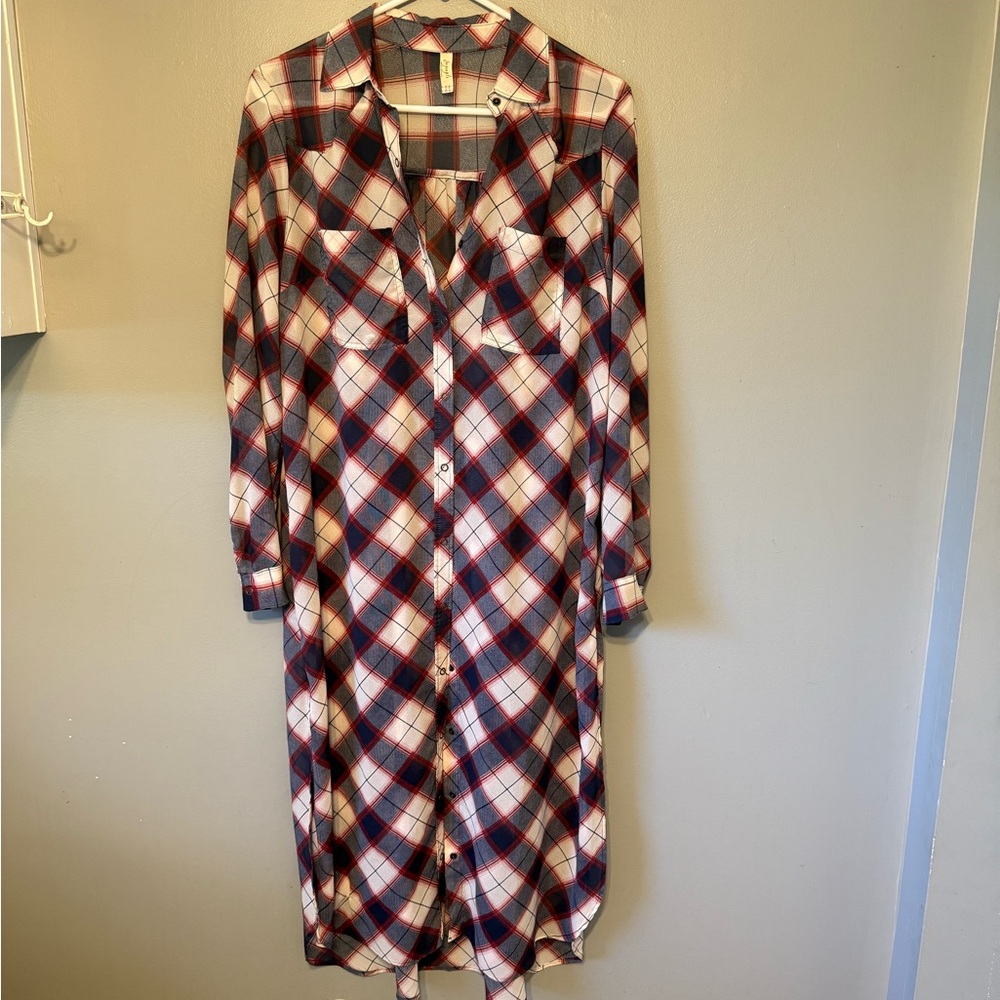 Free People Red and Blue Plaid Long Sleeve Dress/Shirt
